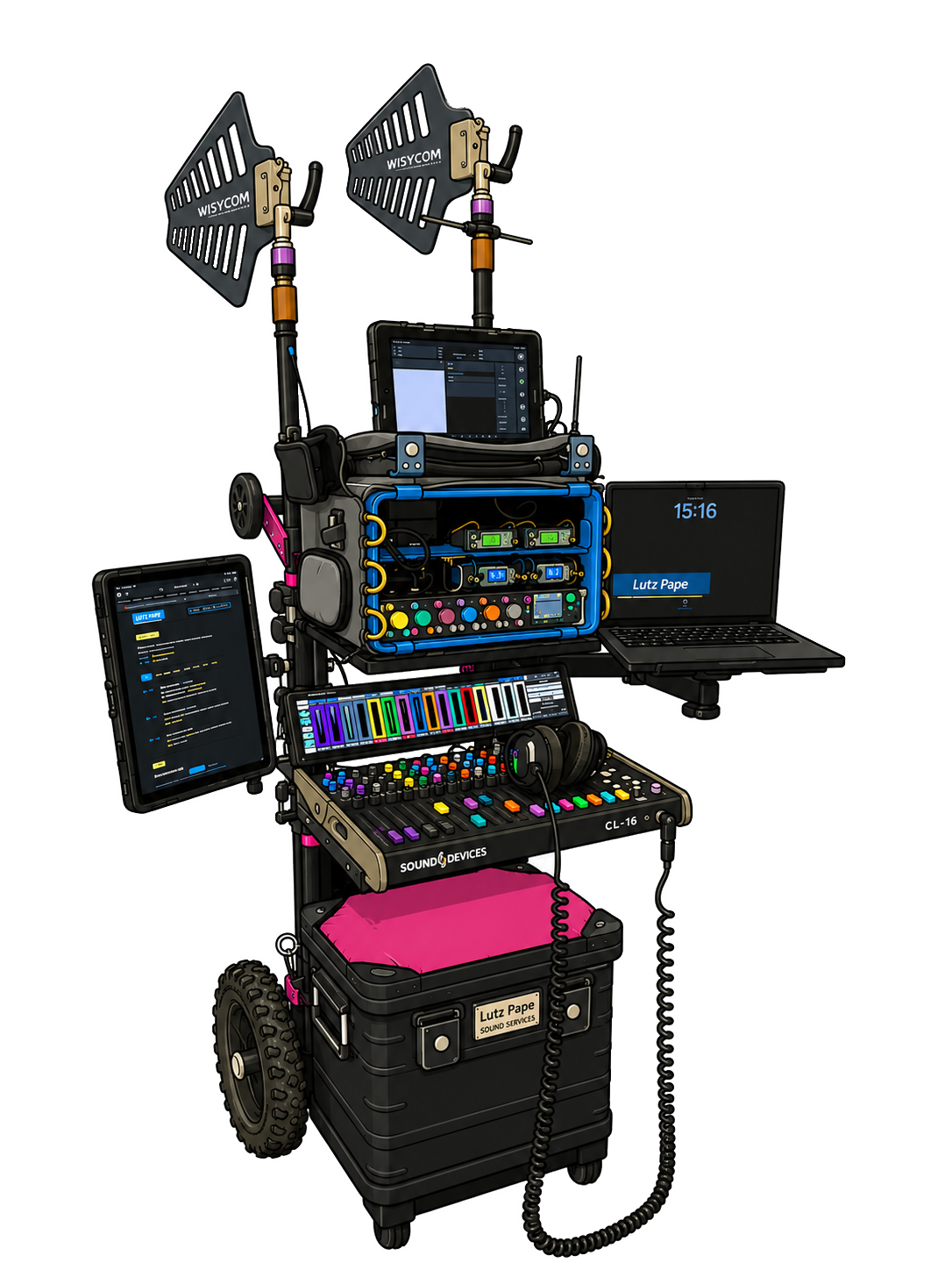 Illustration des Tonwagens mit Rack, Mixer, Empfänger, iPad, Laptop und Antennenpaar